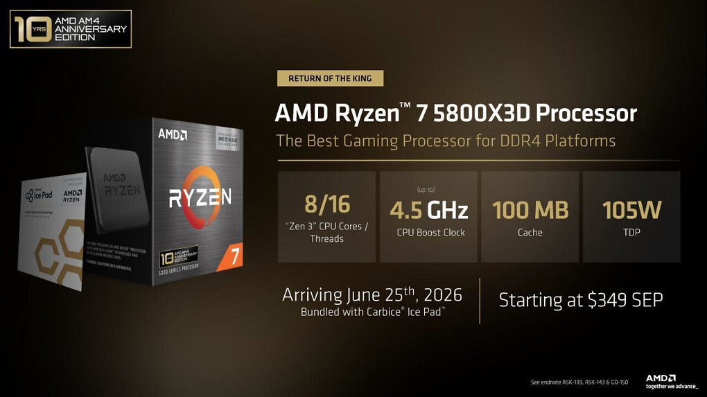 Der 'neue' AMD Ryzen 7 5800X3D ist ab dem 25.06.2026 verfügbar und hat einen von AMD empfohlenen Preis von 349 US-Dollar für Online-Händler. Ein Europreis liegt uns noch nicht vor, doch der dürfte sich auf ganz ähnlichem Niveau bewegen.