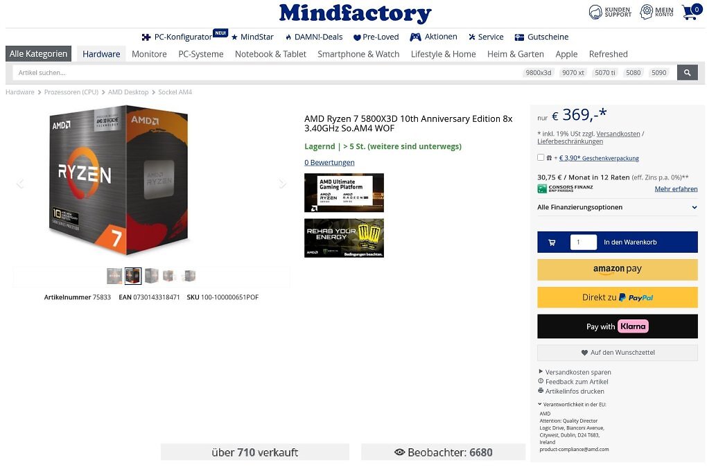 AMD Ryzen 7 5800X3D bei Mindfactory