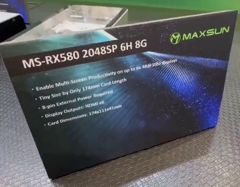 Maxsun Radeon RX 580 mit 8 GiB GDDR5-Grafikspeicher uns insgesamt sechs HDMI-Ausgängen.