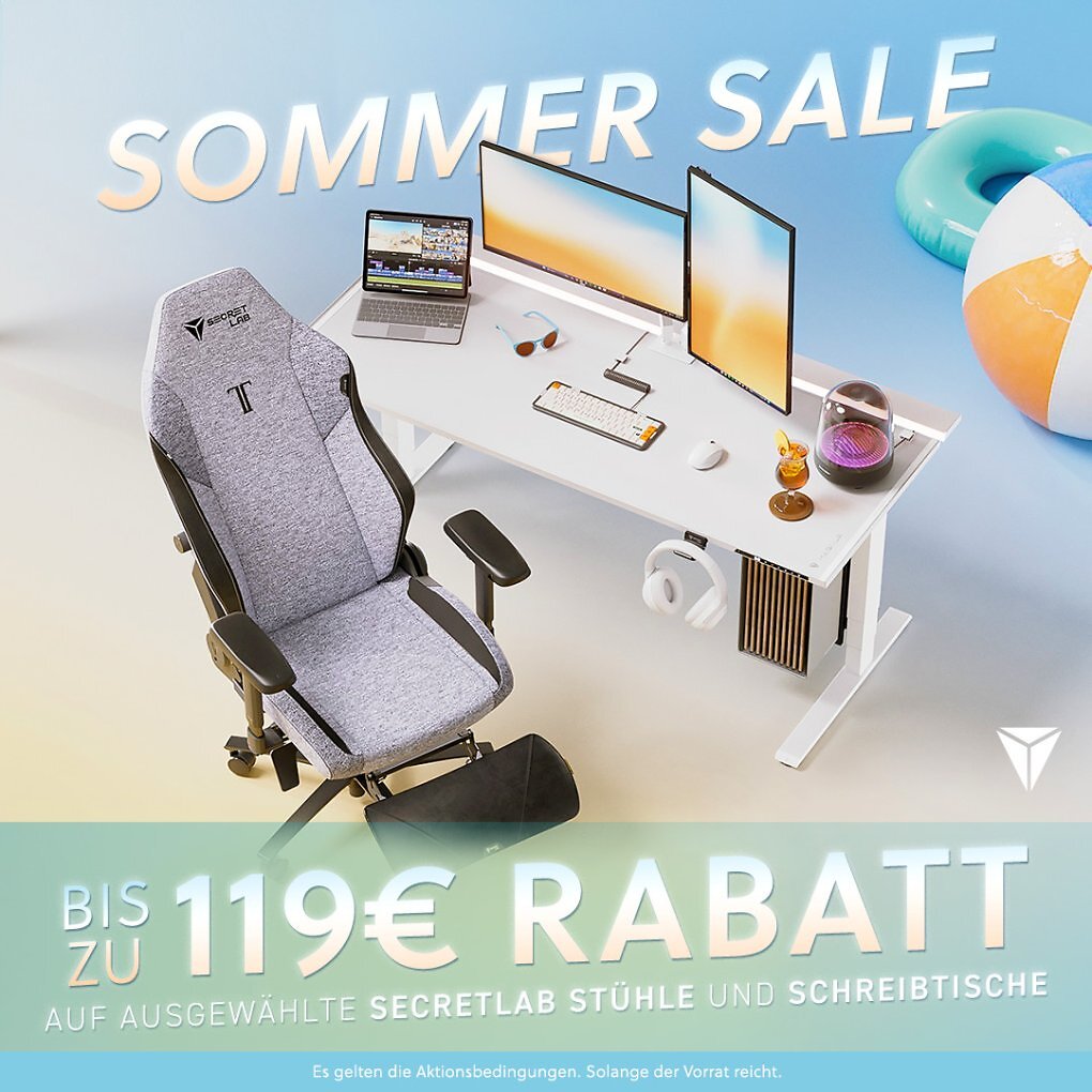 Im Rahmen des Secretlab Summer Sale 2026 reduziert Secretlab ausgewählte Titan-Evo-Gaming-Stühle um bis zu 100 Euro. Bei Schreibtischen können Sie bis zu 119 Euro sparen.