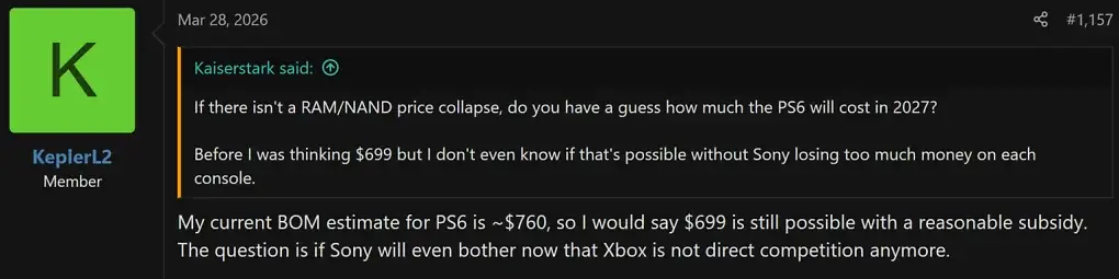 KeplerL2 schätzt die Herstellungskosten der PS6 inzwischen auf deutlich über 900 US-Dollar.