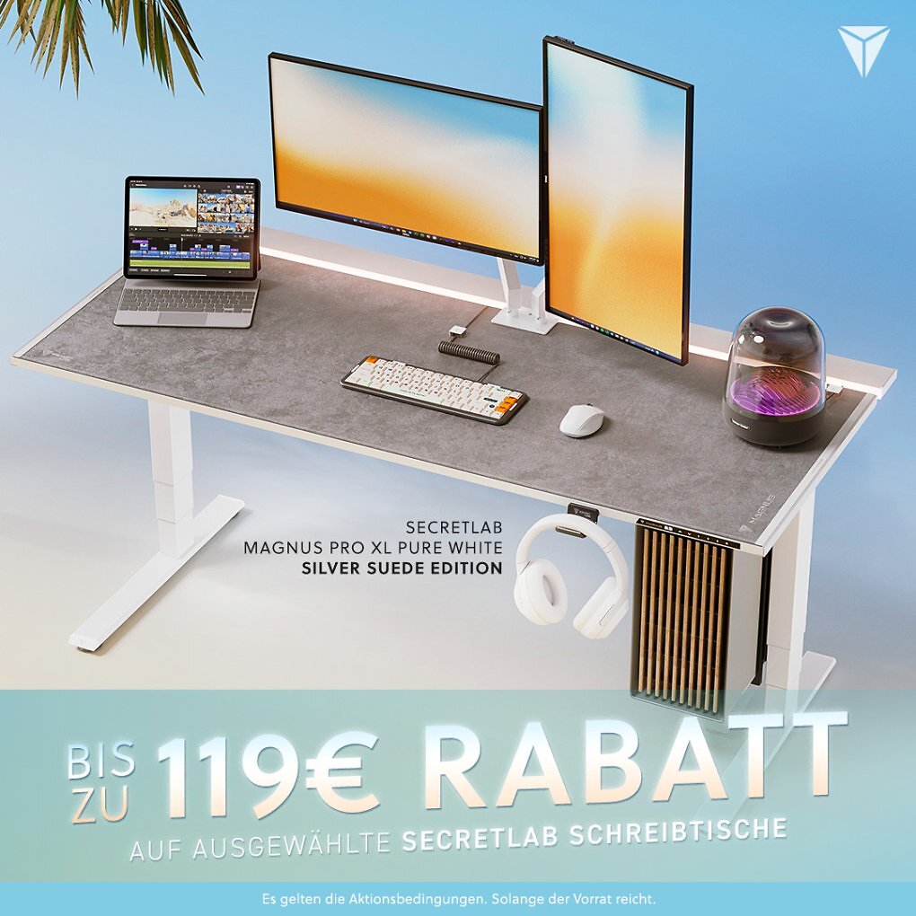 Auf den Gaming-Schreibtisch Magnus Pro gibt es bis zu 119 Euro Rabatt. Wer sich für den Secretlab Magnus ohne elektrische Höhenverstellung entscheidet, zahlt im Rahmen der Sommeraktion 60 Euro weniger. Zusätzlich nennt Secretlab Bundle-Vorteile mit bis zu 227 Euro Ersparnis auf ausgewählte Kombinationen.