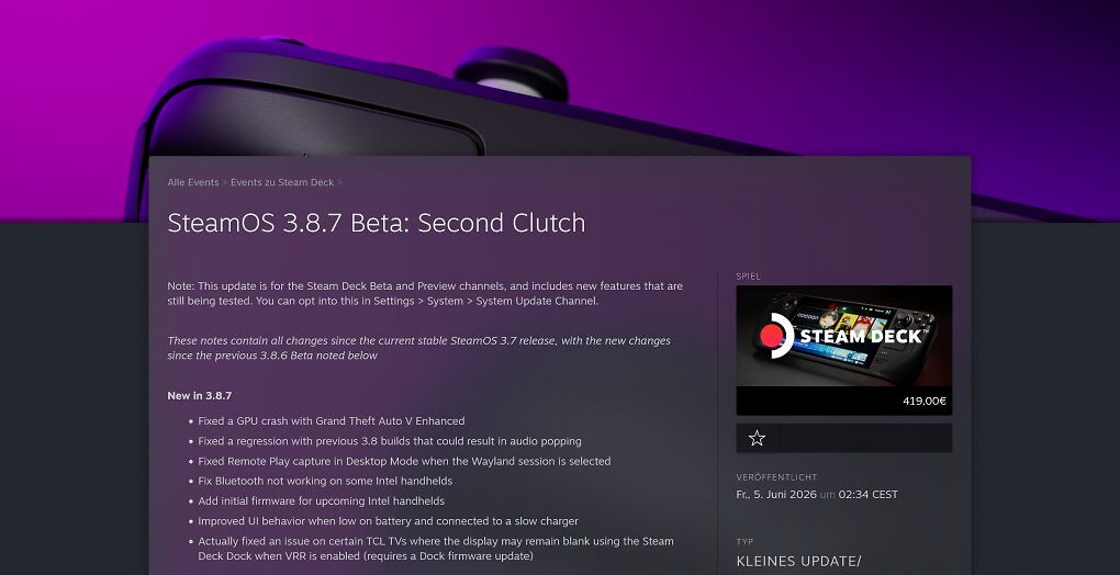 SteamOS 3.8.7 Beta bringt erstmals Firmware für kommnede Handheld-PCs mit Intel-SoC mit.