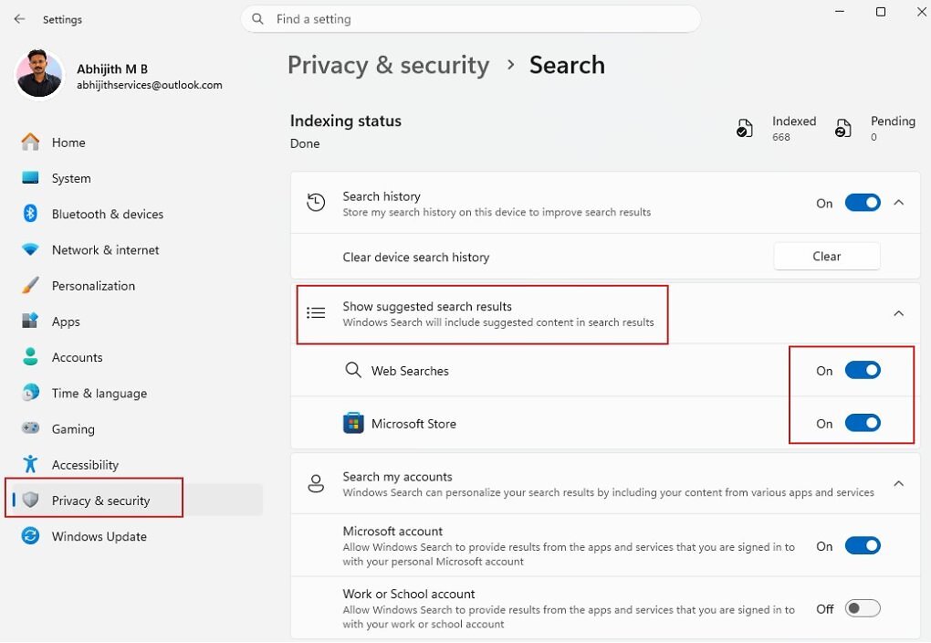 Bing-Suchergebnisse und Vorschläge aus dem Microsoft Store können abgeschaltet werden.