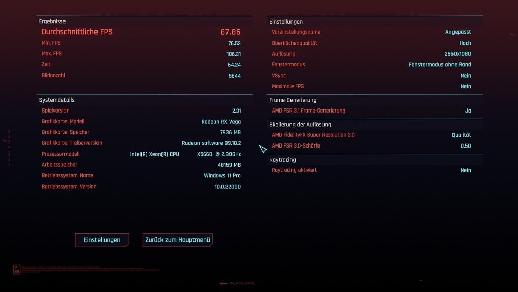 Cyberpunk 2077 läuft dank FSR 3.1 und Frame Generation mit durchschnittlich 88 Fps.