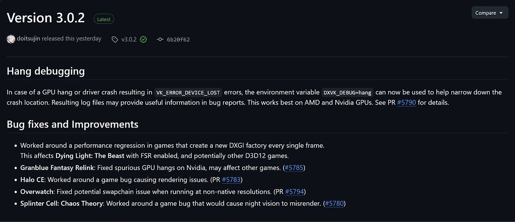 Die offiziellen Release Notes von DXVK 3.0.2 auf der Entwicklerplattform GitHub.
