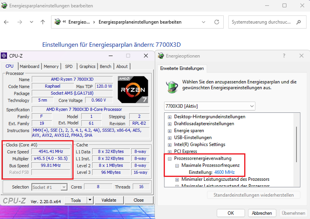 Mithilfe der freigeschalteten Funktion für die maximale Prozessorfrequenz können wir den maximalen Takt limitieren, ohne auf die sonstige Boost-Logik inklusive Schutzmodi zu verzichten. Der Blick in CPU-Z bestätigt den Takt des '7700X3D'. Da die technischen Daten ansonsten identisch mit denen des 7800X3D sind, gelingt die Simulation auf Basis der Frequenz.