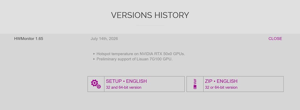 HWMonitor 1.65 macht die Hotspot-Temperatur der Nvidia Geforce RTX 5000 wieder auslesbar.
