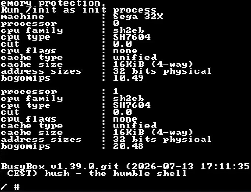 Linux mit BusyBox-Shell bootet erfolgreich auf dem Sega 32X.