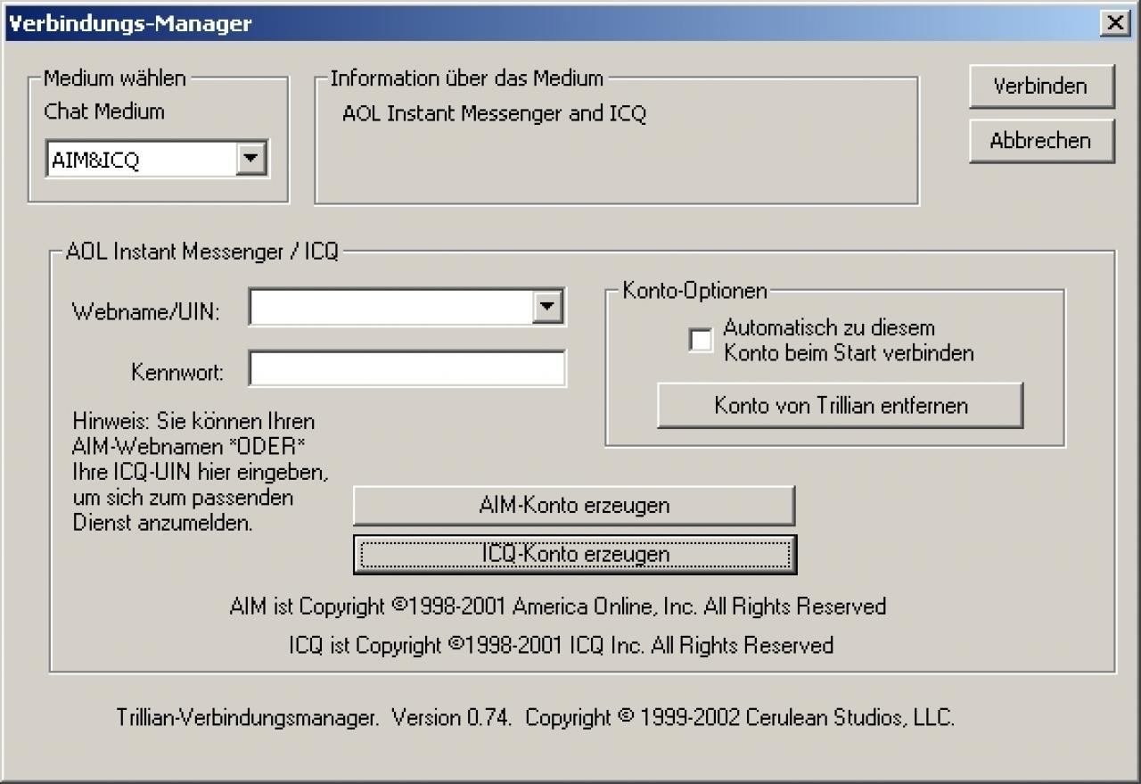 [29/01/2003] IM einrichten: Wenn Sie die IRC-Einstellungen konfiguriert haben, können Sie Ihren IM-Zugang bei Trillian einrichten.