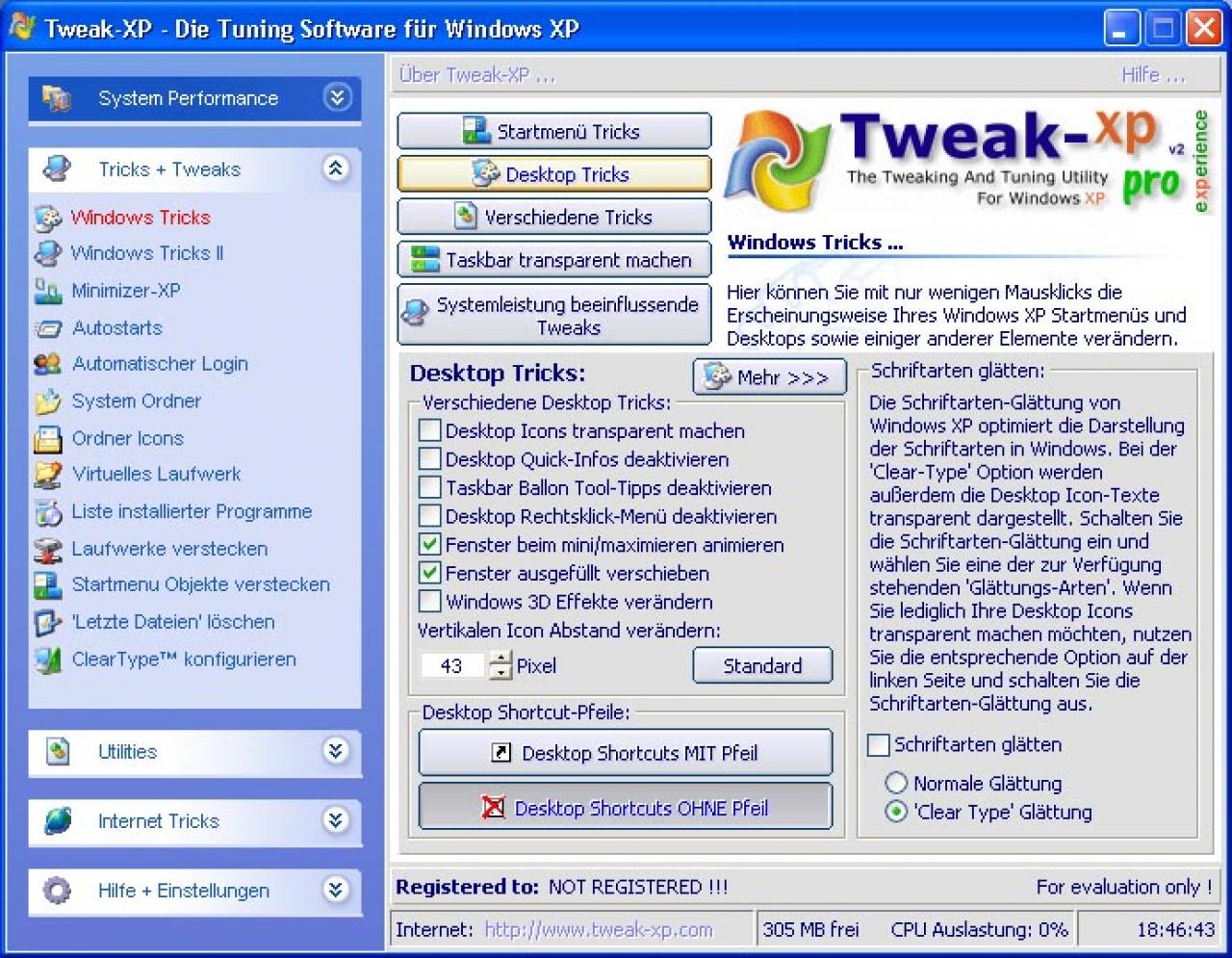 [29/08/2003] 8) Mit Tweak XP können Sie den Registry-Editor in der Schublade lassen  das Tool erledigt die Aufgaben komfortabler.