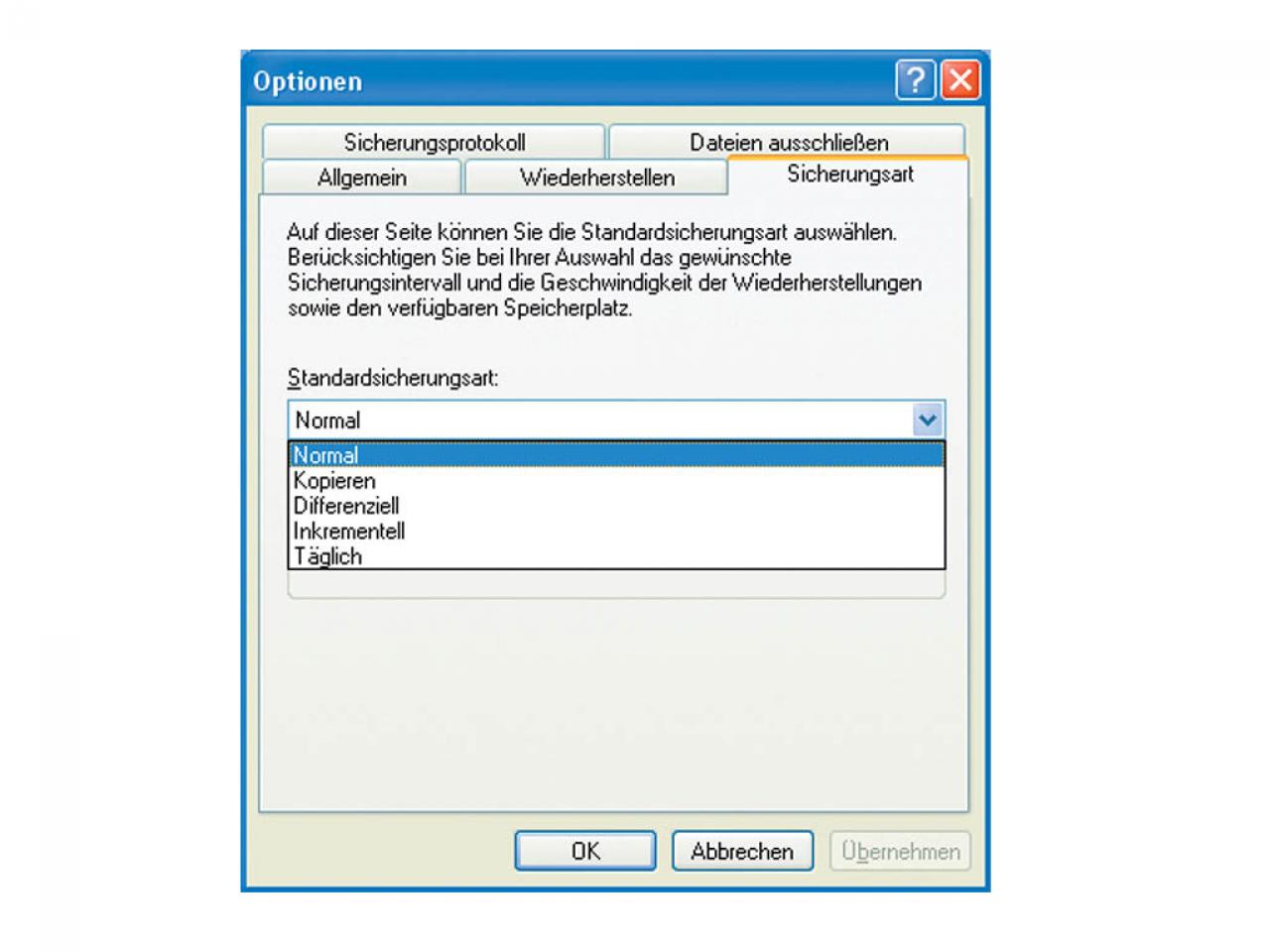 [17/10/2003] Praxis-Schritt 3: Windows-Backup unterstützt mehrere Varianten  Normal ist für die meisten Anwender ausreichend.