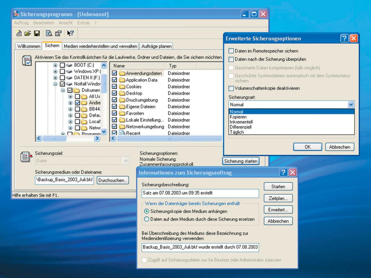 [17/10/2003] 2: Das Windows-Backup ist zwar nicht so mächtig wie die Konkurrenz, für den Hausgebrauch reicht es aber allemal.