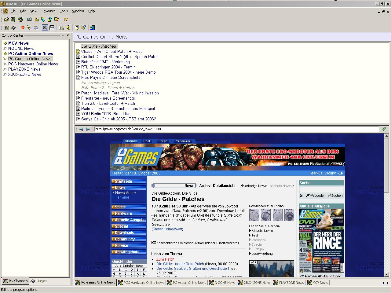 [10/10/2003] Awasu sammelt automatisch aktuelle News für Sie aus dem Netz