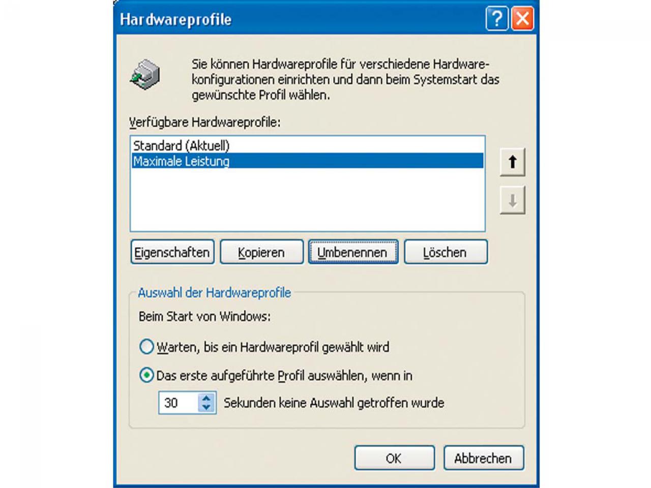 [31/10/2003] Schritt 2) Unter dem Punkt Hardwareprofile können Sie dann mit der Funktion Kopieren mehrere Profile anlegen. 