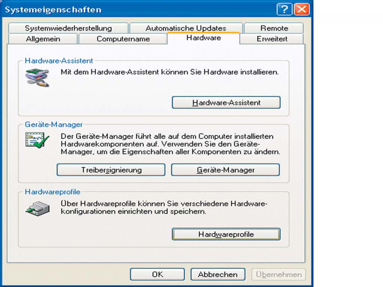[31/10/2003] Schritt 1) Starten Sie die Systemsteuerung und wählen Sie den Punkt System und dann Hardware.
