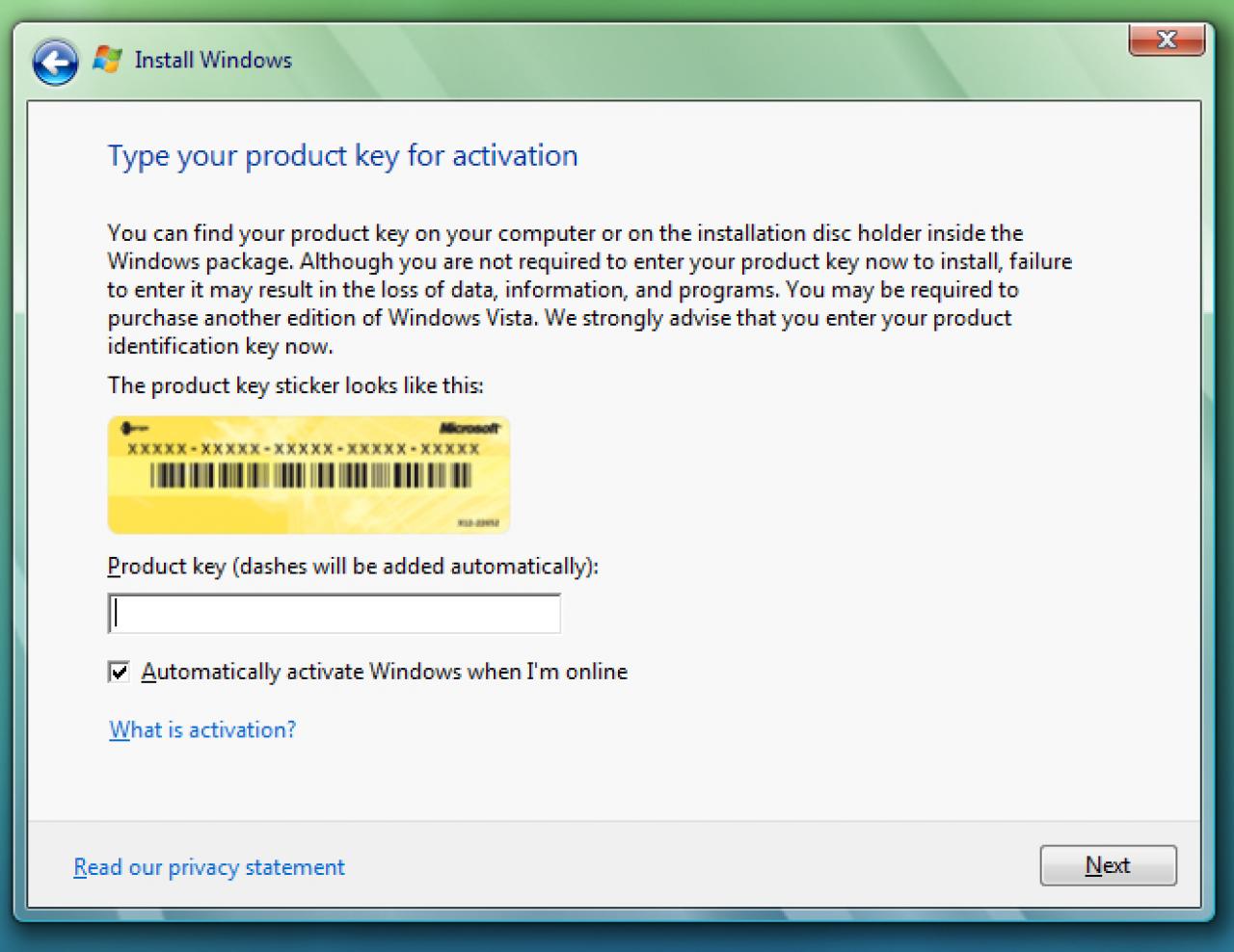 [31/01/2007] Wenn die erste Installation von Vista beendet ist und Sie die Zweite starten müssen Sie nun ihren Produkschlüssel eingeben.