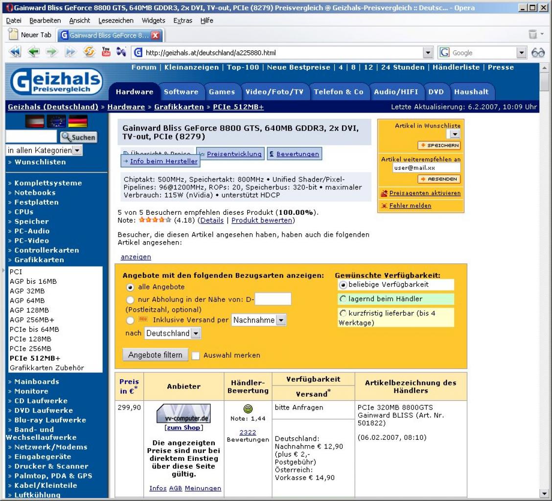 [06/02/2007] Gainward kann angeblich als erste Firma eine 320-MByte-GTS zur Verfügung stellen.