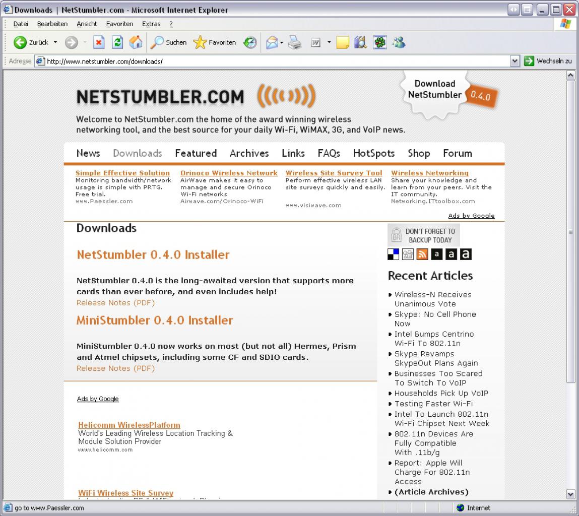 [01/02/2007] Hier können Sie Netstumbler herunterladen.
