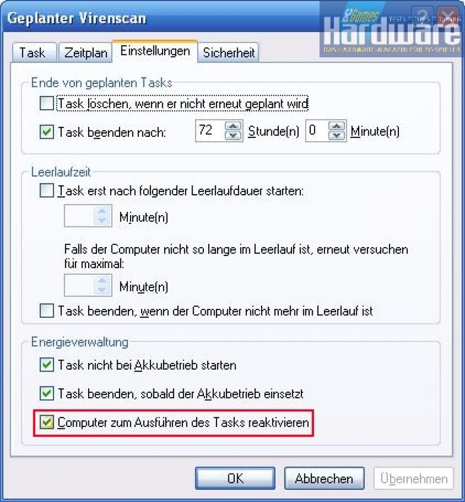 [09/03/2007] Wenn Sie diese Option aktivieren, wird der PC automatisch aufgeweckt, um den Job durchzuführen.