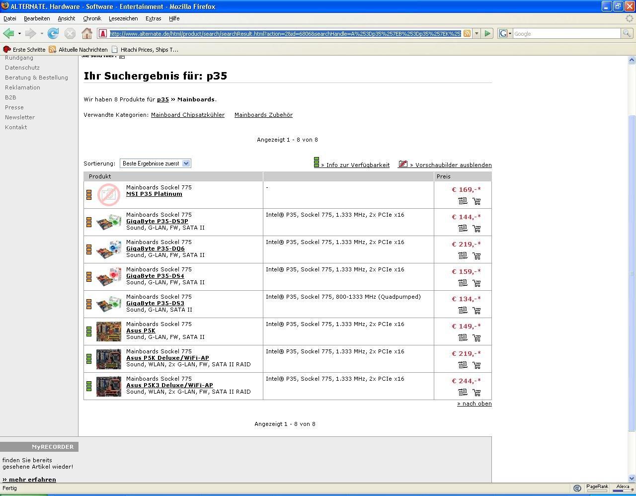 [04/05/2007] Liste der lieferbaren Bearlake-Boards bei Alternate (Bild: PCGH)