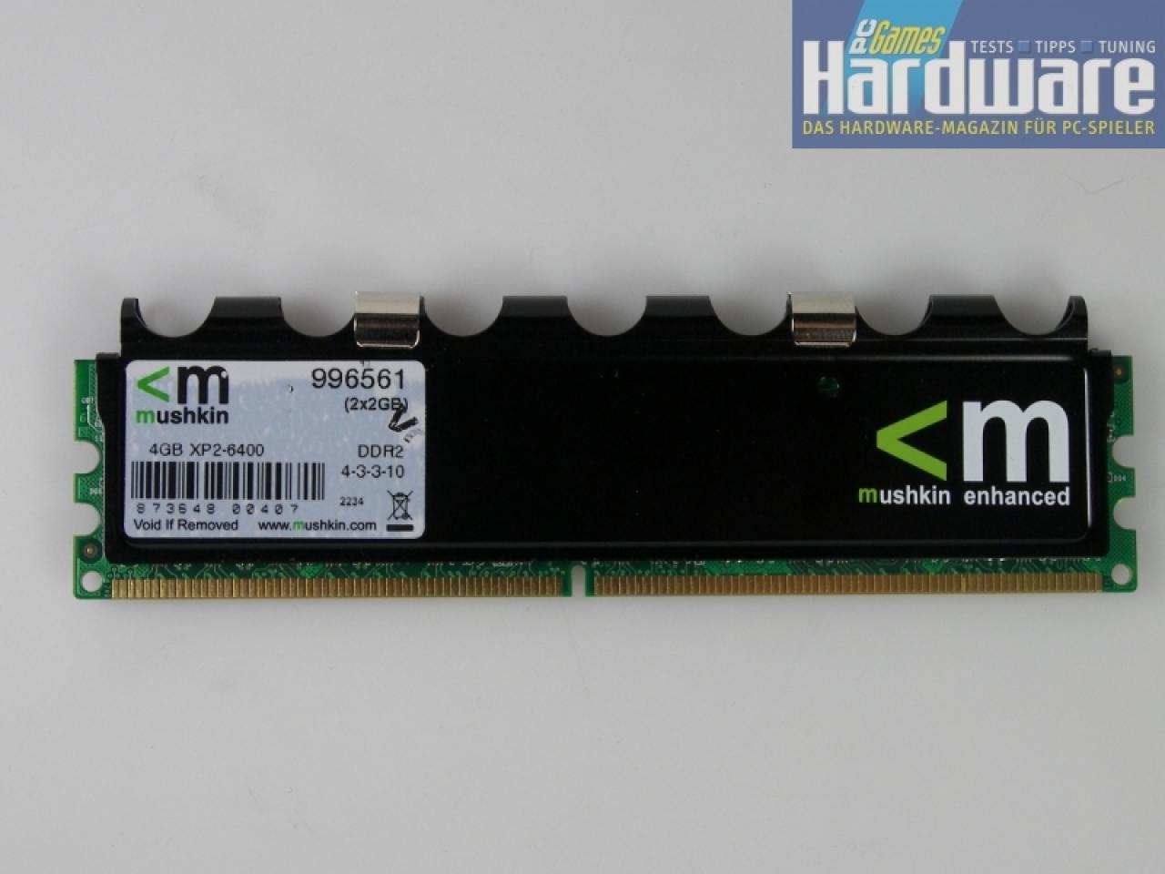 [03/05/2007] Mushkin XP2-6400 (996561) - 2x 2.048 MByte DDR2-800 mit den Latenzen 4-3-3-10 für 510 Euro. (Bild: PCGH)