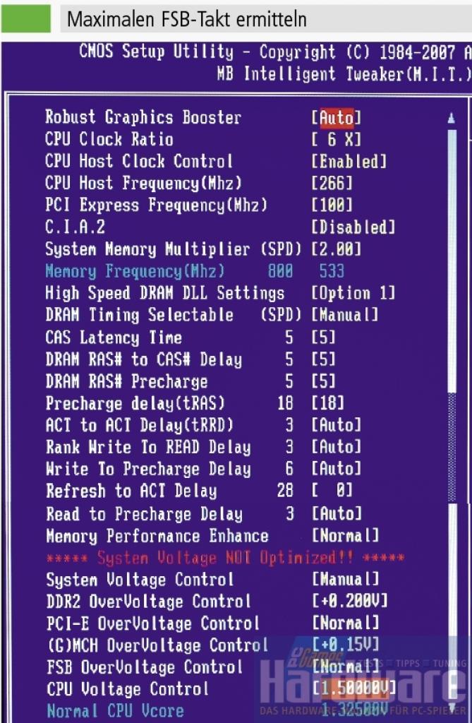 [19/06/2007] Maximalen FSB-Takt ermitteln: Konfigurieren Sie Ihr BIOS zunächst wie auf dem Bild gezeigt. Anschließend tasten Sie sich in fünf-MHz-Schritten an das FSB-Maximum. Im Bild sehen Sie das BIOS von aktuellen Gigabyte-Platinen. Bei anderen Boards können die Optionen entsprechend anders heißen. (Quelle: PCGH)