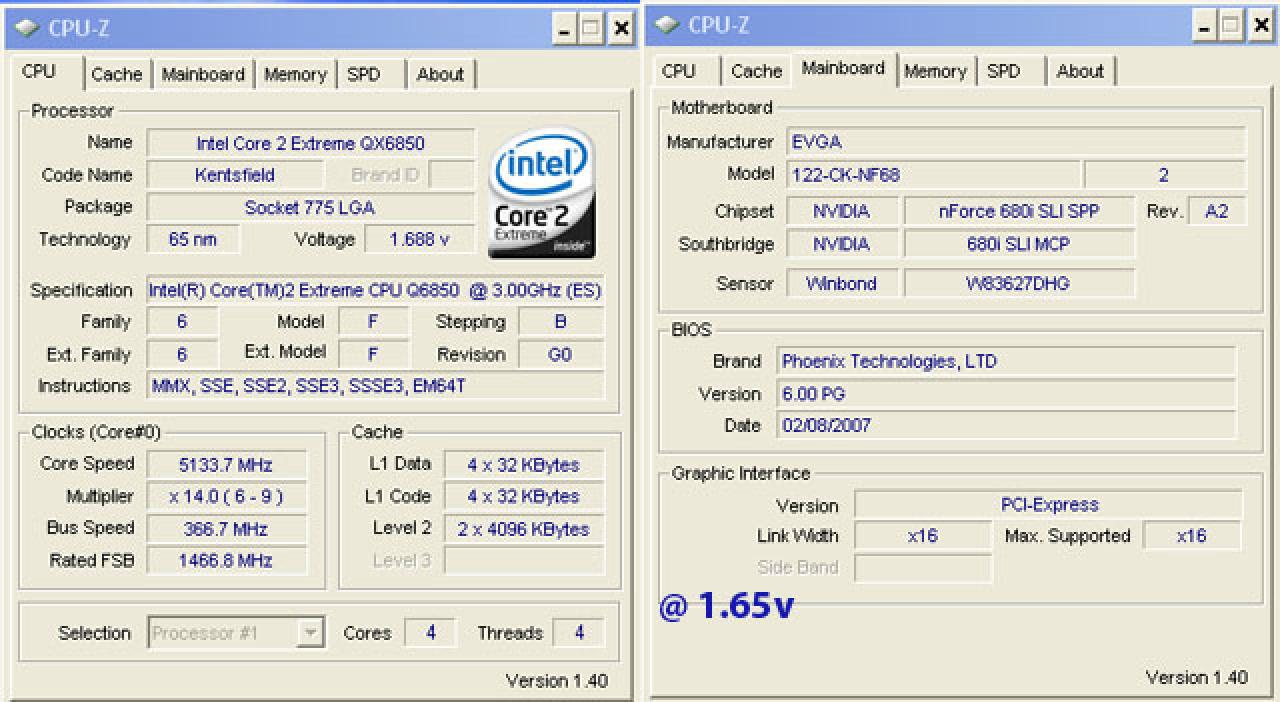 [27/06/2007] Der neue QX6850 offenbart mit 5.133 MHz Endtakt ein enormes Übertaktungspotential.