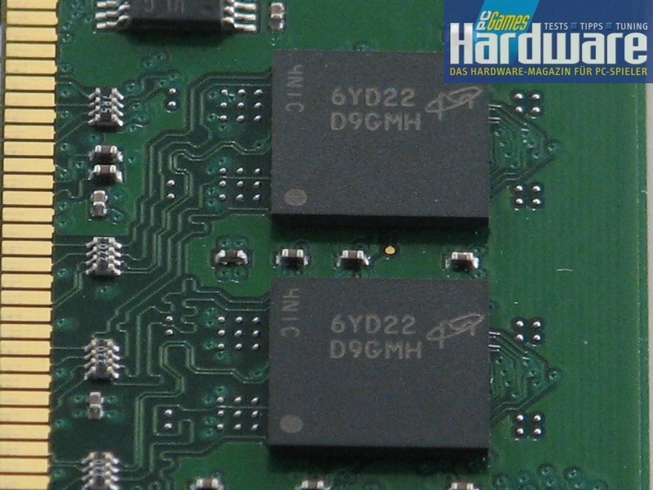 [06/06/2007] MSC Cell Shock CS2110650: Auf den DDR2-667-Modulen kommen die hervorragenden D9GMH-Chips von Micron zum Einsatz.