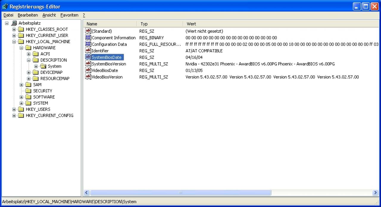 [28/06/2007] Regedit: In diesem Schlüssel finden Sie „SystemBiosDate“, „SystemBiosVer­sion“ und „VideoBiosDate“, die Ihnen Auskunft über die Versionen geben.