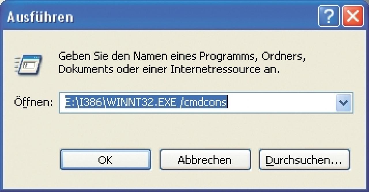 [29/06/2007] Geben Sie unter „Start“ – „Ausführen“ den Befehl „d:\i386\winnt32.exe /cmdcons“ ein.