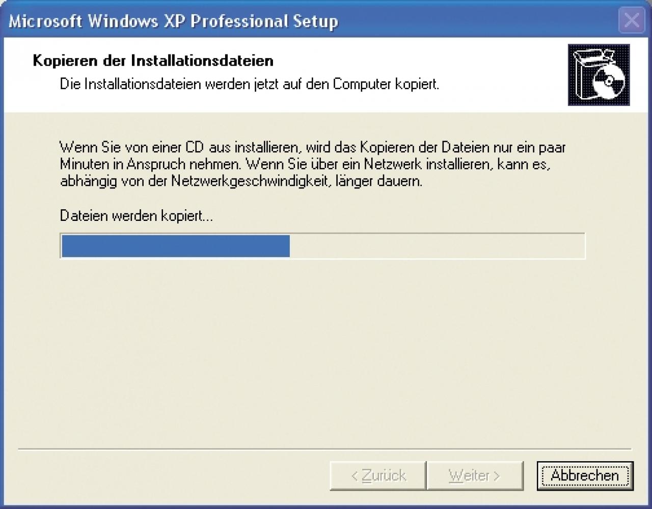 [29/06/2007] Die Wiederherstellungskonsole wird auf die Festplatte kopiert.