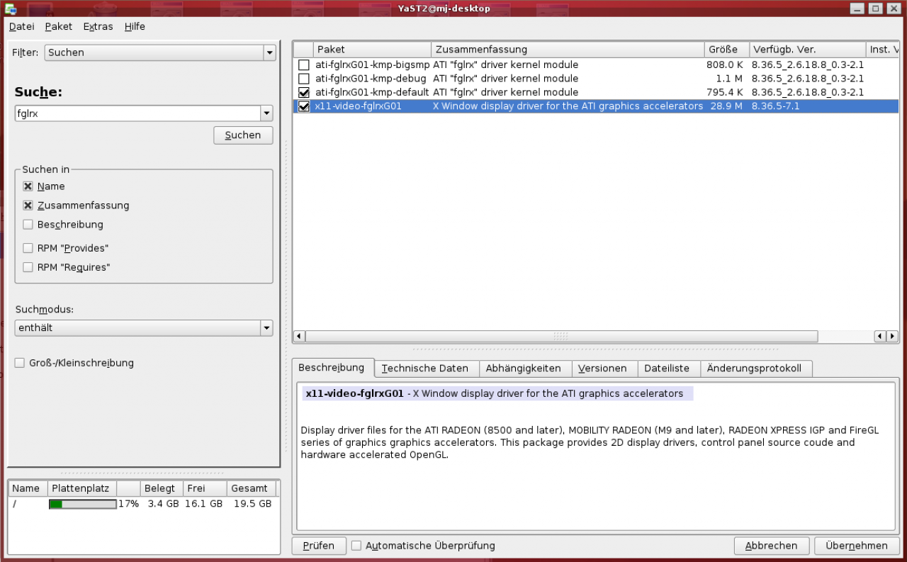 [29/06/2007] Sie benötigen zwei Pakete: je nach installiertem Kernel ati-fglrxG01-kmp-bigsmp, debug oder default. Das x11-video-fglrxG01 Paket benötigen Sie ebenfalls.