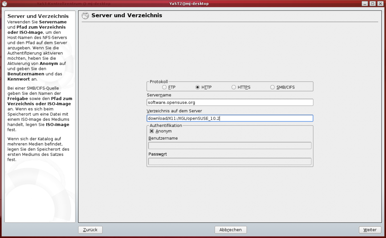 [29/06/2007] Geben Sie den korrekten Server und das korrekte Verzeichnis auf dem Server ein, anschließend bestätigen Sie mit 