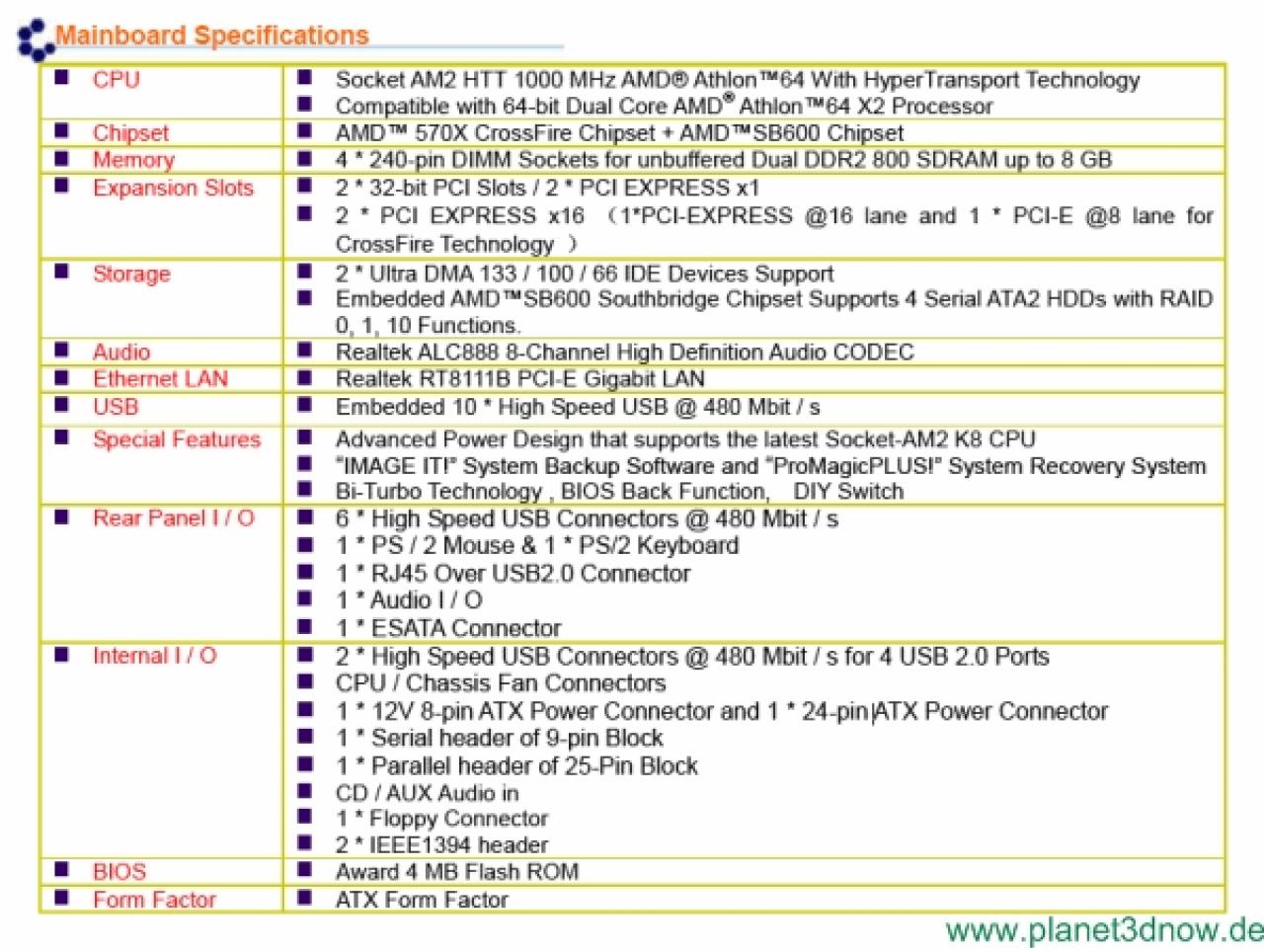 [04/06/2007] Die Grunddaten des Jetway-Mainboards mit AMD 570-Chipsatz(Bild: Planet3Dnow)