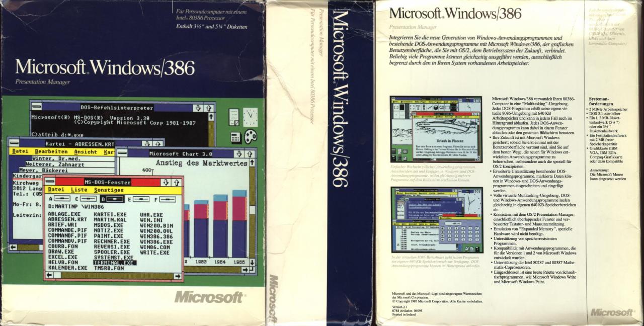 [09/07/2007] Windows 2.0 (1987): In der zweiten Version wurde optischer Feinschliff betrieben. Die Fenster konnten jetzt frei auf dem Desktop platziert werden. Vorher waren sie nur nebeneinander darstellbar. Für Besitzer eines 386ers gab es Windows /386 mit besserer Speicherverwaltung. (Bild: winhistory.de)