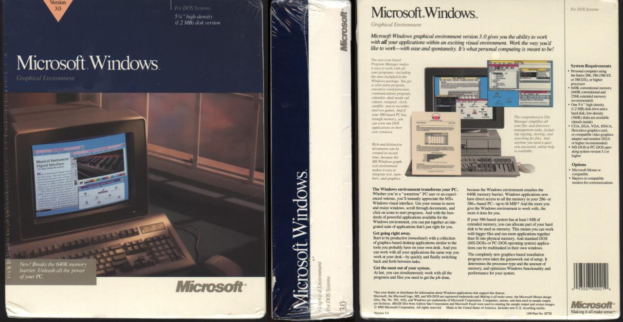 [09/07/2007] Windows 3.0 (1990): Am aufälligsten war wieder die Darstellung. Windows beherrschte nun den VGA-Standard mit 16 Farben. Auch die Speicherverwaltung wurde optimiert und somit hatte Windows Zugriff auf mehr als nur den 640 Kilobyte großen Grundspeicher. Erstmals dabei sind der eigene Hintergrund und Solitär. CD-Laufwerke werden erkannt und eine Soundausgabe ist möglich. (Bild: winhistory.de)