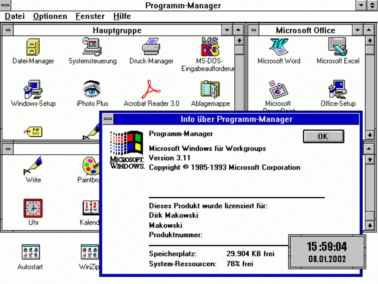 [09/07/2007] Windows for Workgroups (1992):Das erste Windows, das ohne Fremdsoftware im Netzwerk benutzt werden konnte; Protokoll war NetBEUI. (Bild: winhistory.de)