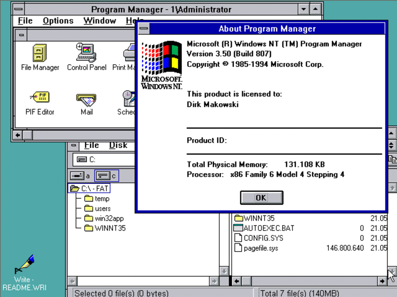 [09/07/2007] Windows NT 3.5x (1994/1995): In der Version 3.5 wurden Stabilität und Ressourcenbedarf enorm verbessert. In Version 3.51 wurde nochmals Feintuning betrieben. Darüber hinaus ist diese Version in der Lage, Windows-95-Programme auszuführen. (Bild: winhistory.de)