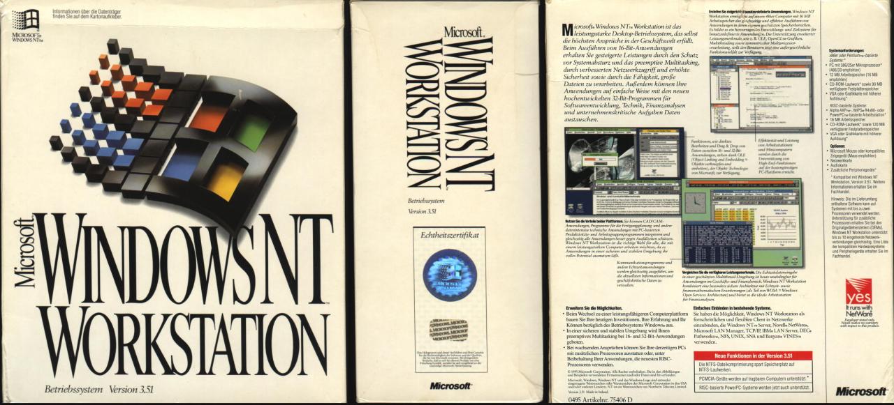 [09/07/2007] Windows NT 3.51 (1995): Mischung aus dem Look von Windows 3.1x und einem stabilen 32-Bit Kern. Hauptunterschied von NT 3.5 und NT 3.51: die Win 95 Optimierung. (Bild: winhistory.de)