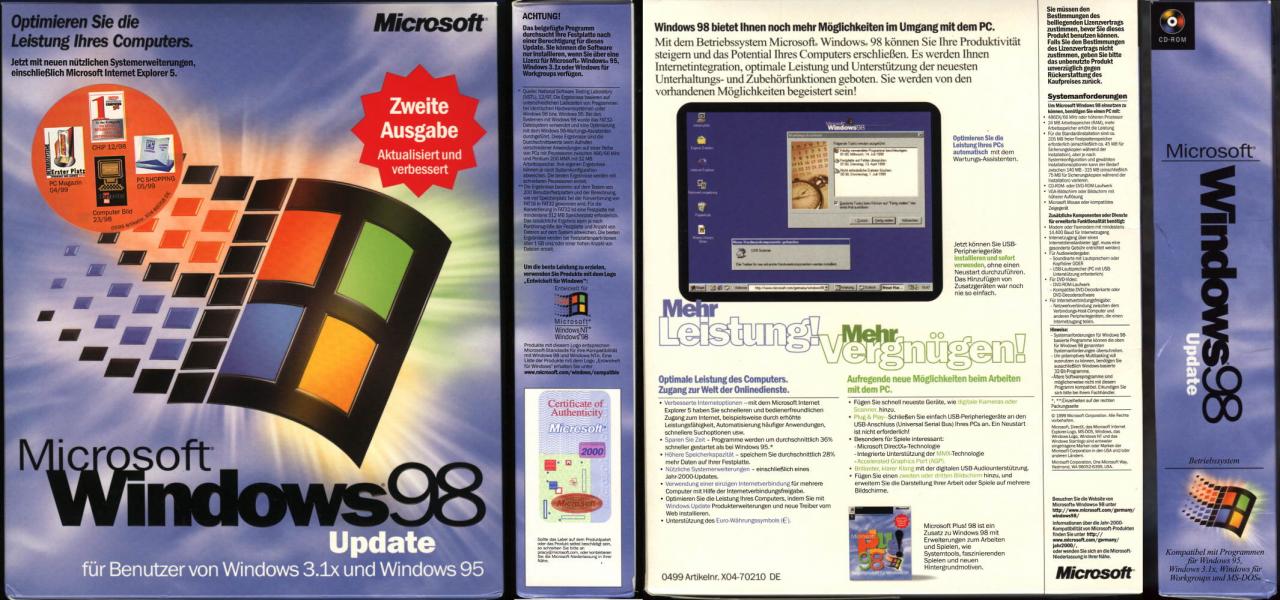 [09/07/2007] Windows 98 (1998/1999): Eigentlich ein großes Update von Windows 95. Neben neuen Internetfunktionen kamen mehr Spielereien und besseres Plug-and-Play hinzu. Die Second Edition aus 1999 brachte noch mal Verbesserungen. Firewire wurde jetzt unterstützt und DSL-Modems waren keine Unbekannten mehr. (Bild: winhistory.de)