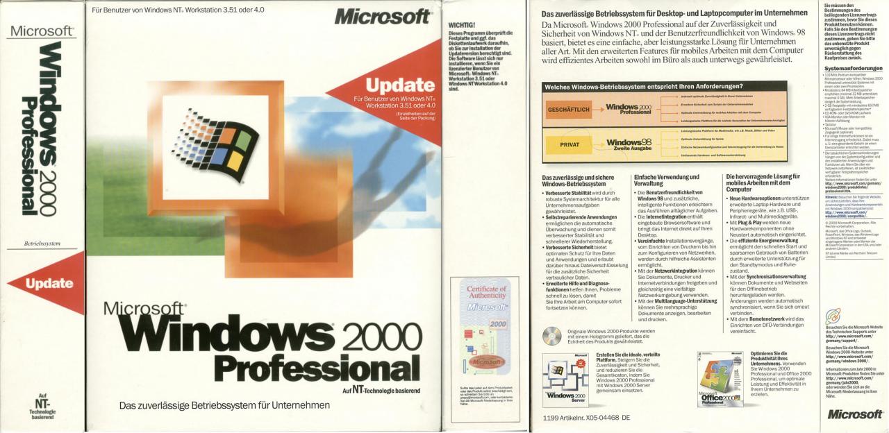 [09/07/2007] Windows 2000 (2000): Das Ergebnis der runderneuerten NT-Reihe mit vielen tiefgreifenden Änderungen. Es gilt bis heute als eines der stabilsten Windows-Versionen. (Bild: winhistory.de)
