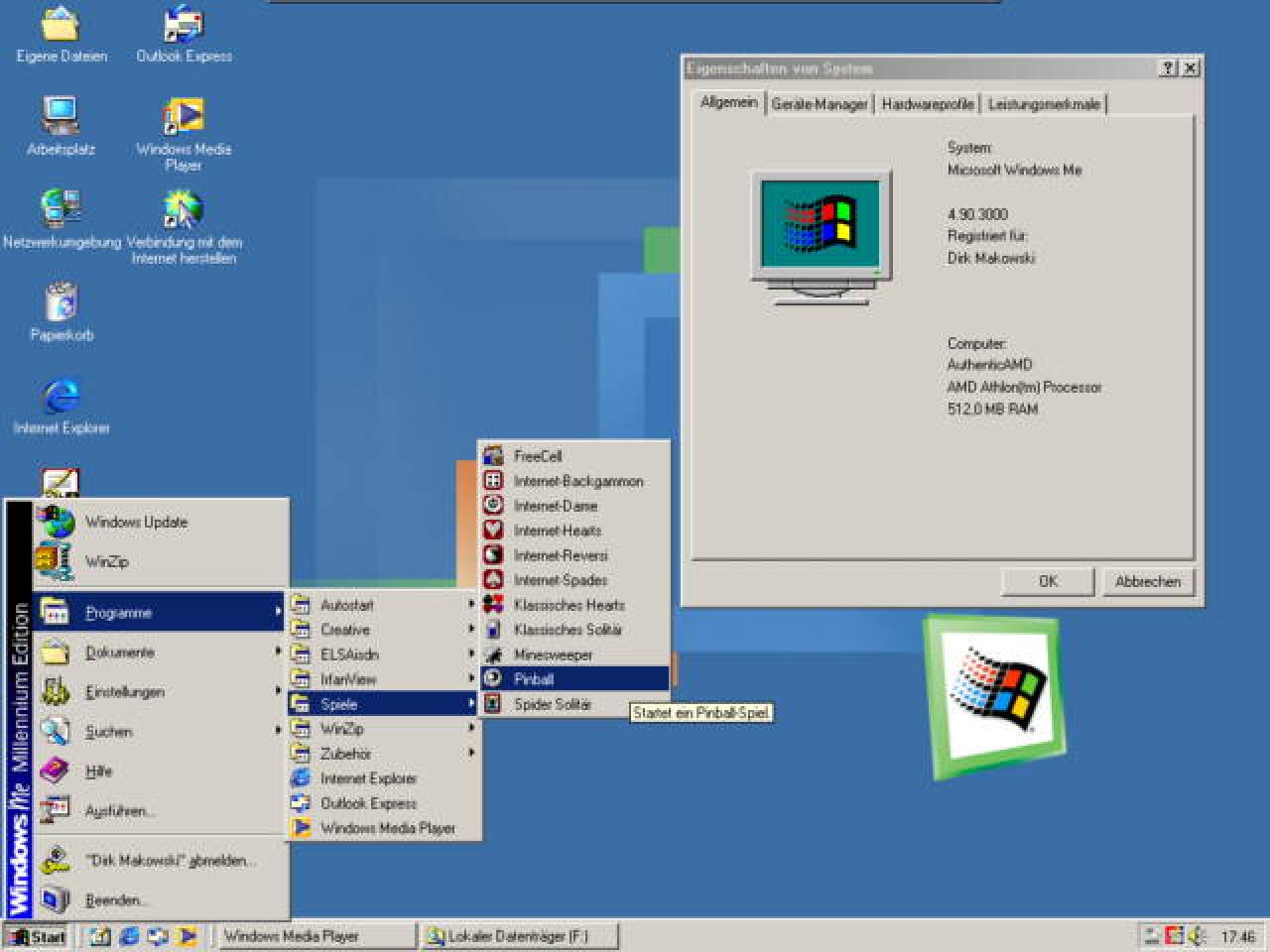 [09/07/2007] Windows ME (2000): Noch hübscher und mehr Spielereien als in Windows 98. Immer noch basierte es auf DOS, wollte dies aber nicht wirklich zeigen. WinMe konnte sich nie bei ambitionierten Anwendern durchsetzen. (Bild: winhistory.de)