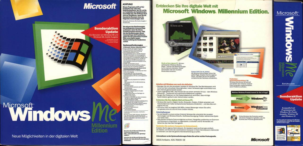[09/07/2007] Windows ME (2000): Noch hübscher und mehr Spielereien als in Windows 98. Immer noch basierte es auf DOS, wollte dies aber nicht wirklich zeigen. WinMe konnte sich nie bei ambitionierten Anwendern durchsetzen. (Bild: winhistory.de)