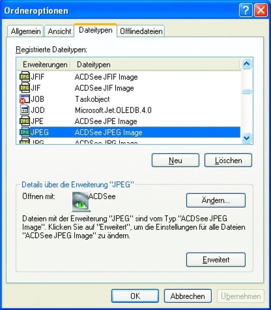 [28/07/2007] Suchen Sie den gewünschten Dateityp und klicken Sie dann die Schaltfläche „Erweitert“ an. 