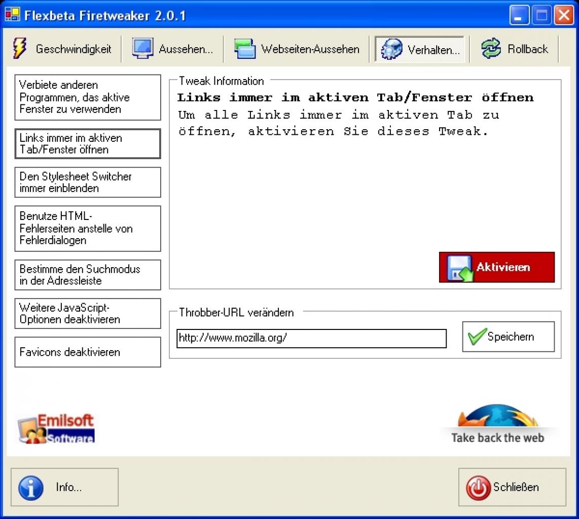 [18/07/2007] Tipp 9: Der Firetweaker ist beim Modifizieren von Firefox behilflich. ZahlreicheEinstellungen lassen sich per Mausklick optimieren und ändern (Bild: PCGH)