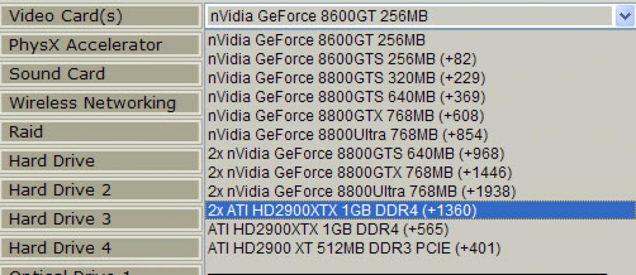[04/07/2007] Das Grafikkarten-Dropdown von Falcon Northwest (Bild: fudzilla.com)