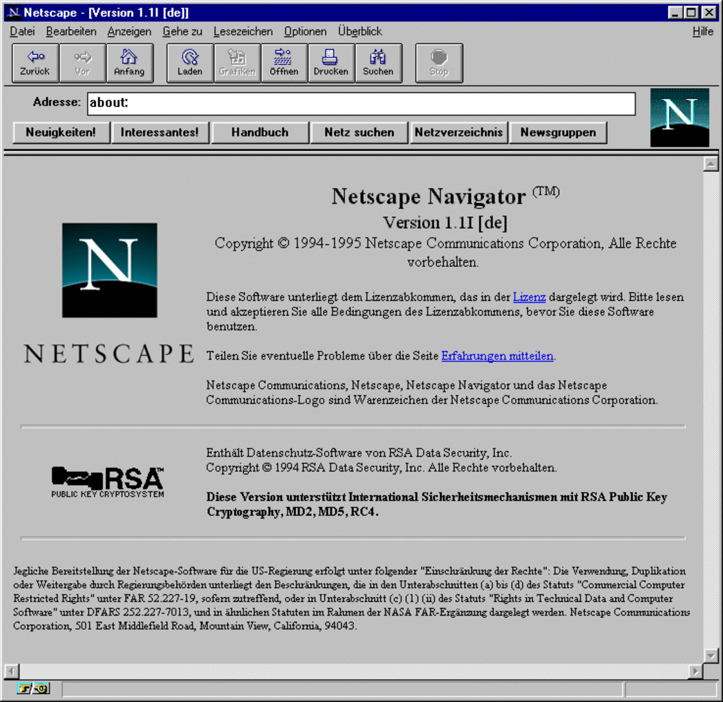 [07/08/2007] Der Netscape Navigator 1.1, damals noch kostenpflichtig (Bild: schoettle.net)