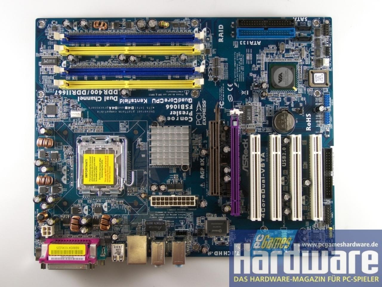 [07/09/2007] Für 55 Euro bekommen Sie den PCI-E-/AGP/DDR1-DDR2-Mischling 4CoreDual-VSTA von Asrock. (Bild: PCGH)