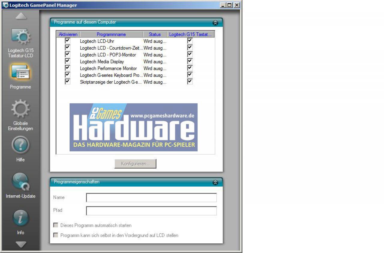[17/09/2007] Die Software der G15: Hier lässt sich die Programme für das Display einstellen.